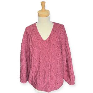 Oversized Cable Knit Pink Women's Chunky V Neck Sweater. Size X-Large